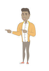 Image showing Young african-american man pointing to the side.