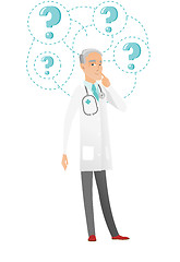 Image showing Thinking caucasian doctor with question marks.