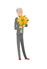 Image showing Caucasian businessman holding bouquet of flowers.