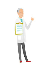Image showing Caucasian doctor with clipboard giving thumb up.