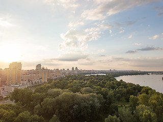 Image showing Panoramic aerial view from the drone to Obolon district, park Natalka, river Dnieper in Kiev.