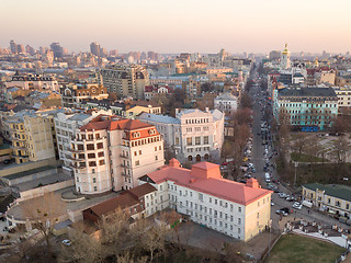 Image showing Panoramic aerial view from the drone, a view of the bird\'s eye view of the the central historical part of the city of Kiev, Ukraine, with old buildings of the city.