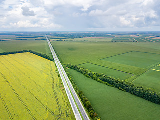 Image showing Panoramic aerial view from drone of a highway with cars on it, fields, tree planting at summer sunset.