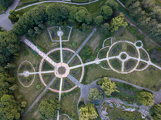 Image showing Park alleys of round shape in the botanical garden. The photo from the drone is strictly from above.