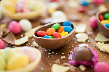 Image showing chocolate easter eggs and candy drops on table