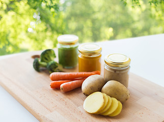 Image showing vegetable puree or baby food in glass jars