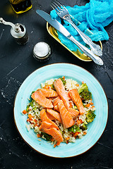 Image showing salmon and rice with broccoli