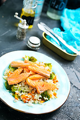Image showing salmon and rice with broccoli