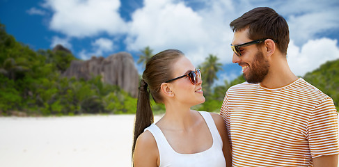 Image showing happy couple in sunglasses on seychelles island