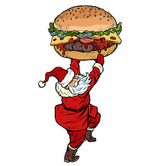 Image showing Santa Claus with Burger. Christmas menu fast food restaurant concept