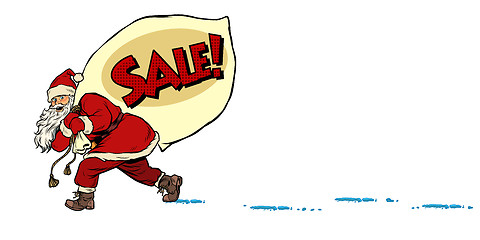 Image showing Christmas sale business concept. Santa with a bag of gifts. Christmas and New year