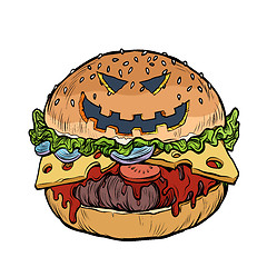 Image showing Burger fast food with Halloween pumpkin face