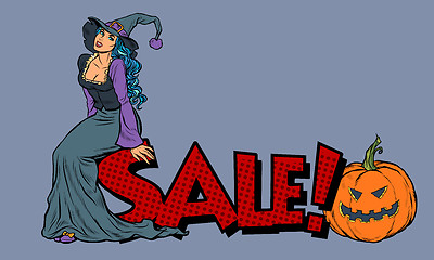 Image showing Halloween sale. Witch and pumpkin