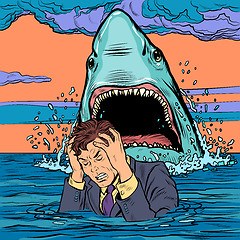 Image showing The shark attacks the businessman. Man afraid