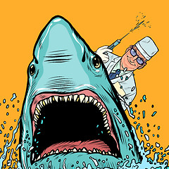 Image showing A dentist and a shark, the doctor makes cauterized