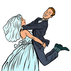 Image showing wedding. happy loving bride and groom. woman carries man