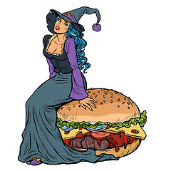 Image showing Halloween witch sitting on a Burger. Festive menu in the restaurant