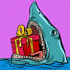 Image showing Shark with a gift box. Holiday shopping Christmas Valentines day birthday