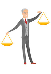 Image showing Caucasian businessman holding balance scale.