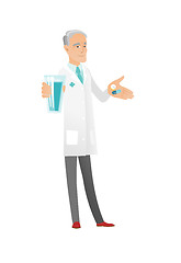 Image showing Senior pharmacist giving pills and glass of water.