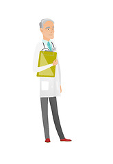 Image showing Caucasian doctor holding clipboard with papers.