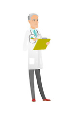 Image showing Caucasian doctor holding clipboard with documents.