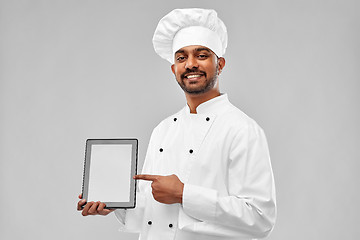 Image showing happy male indian chef with tablet computer