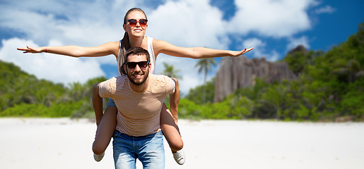 Image showing happy couple having fun on seychelles island