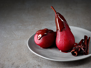 Image showing Pears poached in red wine