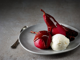 Image showing Pears poached in red wine