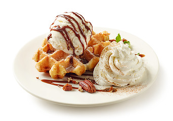 Image showing belgian waffle with cream and ice cream