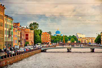 Image showing panoramic view of Fontanka river bridges and Trinity Cathedral