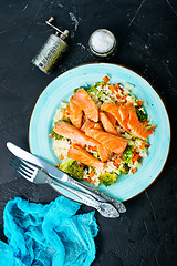 Image showing salmon and rice with broccoli