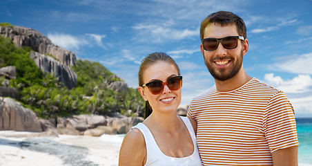 Image showing happy couple in sunglasses on seychelles island