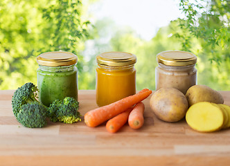 Image showing vegetable puree or baby food in glass jars