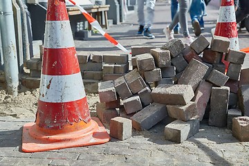 Image showing Urban construction site with cone