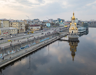 Image showing Church of Saint Nicholas on the water, old embankment and Havanskyi Bridge in Kiev, Ukraine.