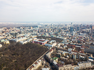 Image showing Kiev, Ukraine - April 7, 2018: aerial view panoramic view of the city.University of Taras Shevchenko, Botanical Garden and Vladimir Church