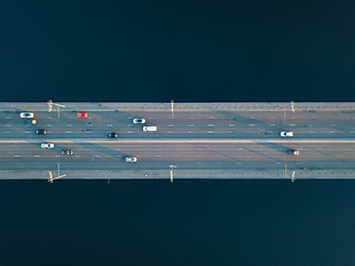 Image showing Overhead view of traffic with cars, taxis, bus on a North Bridge in Kyiv city