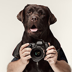 Image showing Dog photographer taking pictures. isolated on white background.