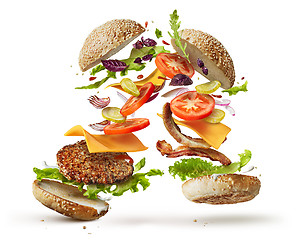 Image showing burger with flying ingredients