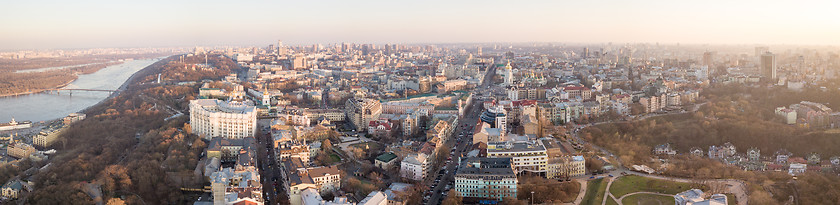 Image showing Panoramic aerial view from the drone of the the central historical part of the city of Kiev, Ukraine and left bank of the Dnieper.