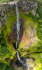 Image showing Aerial top view perspective of 500 feet waterfall in Black river gorges national park on Mauritius island.