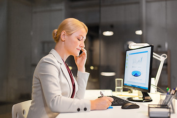 Image showing businesswoman calling on sartphone at night office