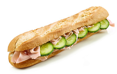 Image showing Baguette sandwich with ham and cucumber