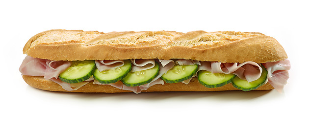 Image showing Baguette sandwich with ham and cucumber