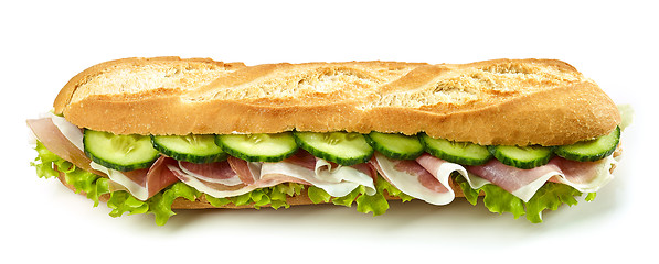 Image showing baguette sandwich with prosciutto ham and cucumber