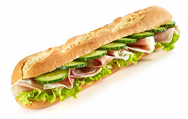 Image showing baguette sandwich with ham and cucumber