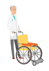 Image showing Senior caucasian doctor pushing wheelchair.