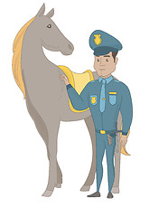 Image showing Young hispanic police officer and horse.